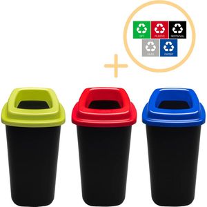 Plafor Sort Bin, Prullenbak voor afvalscheiding - 45L – Set van 3, Blauw/Groen/Rood - Inclusief 5-delige S - Recyclen