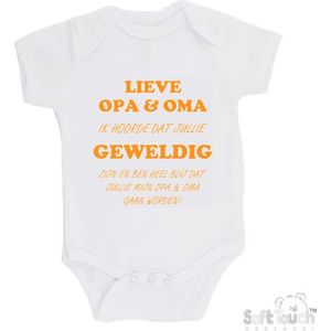 100% katoenen Romper ""Lieve opa & oma ik hoorde dat jullie geweldig zijn en ben heel blij dat jullie mijn opa & oma gaan worden!"" Unisex Katoen Wit/mosterd Maat 62/68