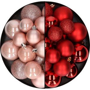 Kerstballen 60x stuks - mix lichtroze/rood - 4-5-6 cm - kunststof - kerstversiering