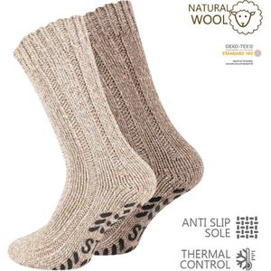 Warme Noorse wollen huissokken - wintersokken - met antislip - 39/42 - 2 paar- bruin - Huissokken met Schapenwol - dames en heren