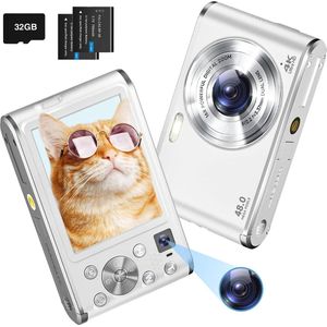Digitale Camera 48MP 4K HD met 32GB Geheugenkaart, 16x Digitale Zoom, 2 Batterijen, 2.8"" Oplaadbaar LCD Scherm voor Kinderen, Volwassenen en Beginners - Wit