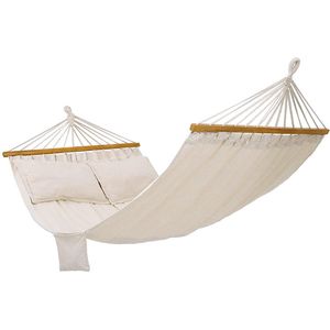 Tweepersoons hangmat met 2 kussens, schommelbed geschikt voor 2 personen, 70% katoen, 210 x 150 cm, draagvermogen 300 kg, beige HMDC22M