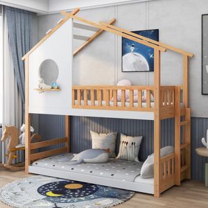 Sweiko Huisbed, Stapelbed met Rechthoekige ladder, Kinderbed, met Valbeveiliging en Barrière, Frame van Dennenhout, Natuurlijk en wit (90x200cm)