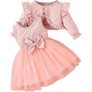 **2-Delige Jurk en Gebreid Vest voor Kleine Meisjes met Bloemenpatroon en Tule Rok - Roze 12-18 Maanden - Lente, Zomer en Herfst**