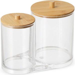 Wattenschijfjes Container Doos - Wattenschijfjesdispenserset - organizer - Badkamer Container - Wattenstaafjes Opslag - Wattenstaafje Houder met Bamboe Deksel - 15.5*11.8*8.5cm - PS - transparant
