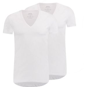 Heren T-shirt diepe V-hals wit 2-pack | Slim fit ondershirt van katoen met stretch | Maat S – MWTS