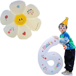 LoHa party®Daisy Folie ballonnen Set-XXL Cijfer Folie Ballon 6-Instagram-Tik Tok-Happy Birthday Sticker -Bloem ballon-Wit-Helium Ballonnen-Bruiloft-Verjardaag-Baby shower-Feestpakket-Viesering-Decoratie-4Stuks