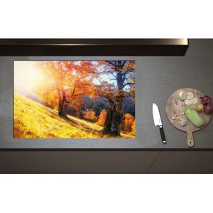 Inductieplaat Beschermer - Bomen op Rand van Berg in Herfst Tinten - 85x55 cm - 2 mm Dik - Inductie Beschermer - Bescherming Inductiekookplaat - Kookplaat Beschermer van Zwart Vinyl