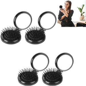 4 stuks - Opvouwbare reisspiegel met haarborstel - Opvouwbare airbagkam - Ronde spiegel - Mini pop-up kam - Opvouwbaar - Draagbaar - Zwart - 7*6,5cm - Geschikt voor nat en droog haar