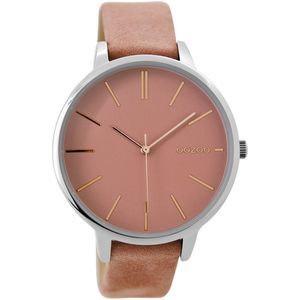 OOZOO Timepieces - Zilverkleurige horloge met zacht roze leren band - C9211