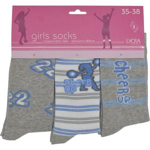 Meisjes sokken - katoen 6 paar - cheer - maat 31/34 - assortiment blauw/grijs - naadloos