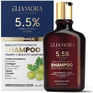 Eliamora Snelle Haargroei - Effectieve Shampoo - 5,5% Kruidenextract & Actief - Voedende - Herstellende Shampoo - Alle haartypes - Indiase kruisbes - Paardenstaart - collageen - Zaagpalmetto - Vitamine B5 - Biotine - Keratine - Groene thee - 250 ml