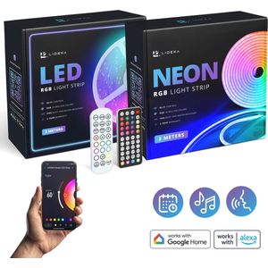 Lideka® - NEON RGB LED Strip 3 Meter + RGB LED Strip 3 Meter - IP68 Voor Buiten - Zelfklevend met afstandsbediening En App - Smart LED Strip - Compatible met Google Home, Amazon Alexa En Siri
