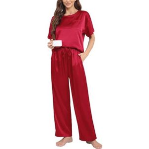 Dames Satijnen Pyjama Set Korte Mouwen met Lange Broek - 2 Stuks Loungewear