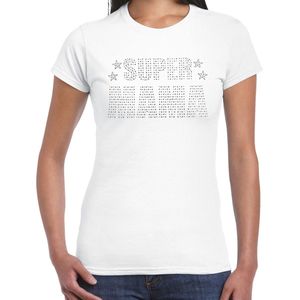 Glitter Super Mama t-shirt wit met steentjes/ rhinestones voor dames - Moederdag cadeaus - Glitter kleding/ foute party outfit M