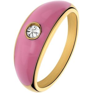 Lucardi Dames Stalen goldplated ring roze emaille met zirkonia - Ring - Staal - Goud - 19 / 60 mm