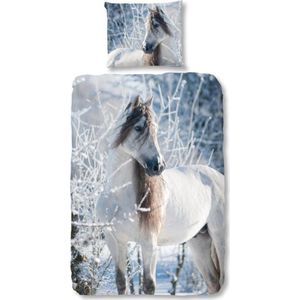 Warme Kinder Flanel Eenpersoons Dekbedovertrek Witte Paard | 140x200/220 | Hoogwaardig En Zacht | Ideaal Tegen De Kou
