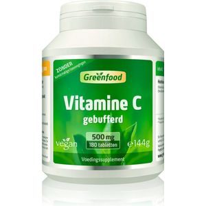 Greenfood Vitamine C, maagvriendelijk, pH neutraal, 500 mg, hoge dosering, 180 tabletten. Veganistisch. GMO-vrij.