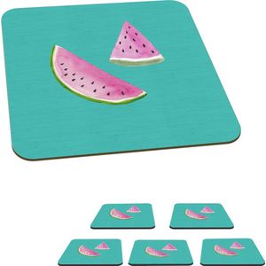 Onderzetters voor glazen - Watermeloen - Fruit - Aquarel - Blauw - 10x10 cm - Glasonderzetters - 6 stuks