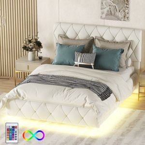 Gutent Tweepersoonsbed (Zonder matras), 140 x 200cm, Gestoffeerd, Zwevend bed met lichtlijst, Beige