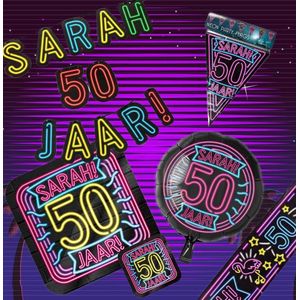 Verjaardag 50 jaar Pakket Neon - Sarah 50 jaar versiering - Verjaardag Versiering - Happy Birthday Slinger - Verjaardag decoratie - Ballonnen - Jongen / Meisje / Volwassenen - Afzetlint - Feest versiering - Feest decoratie - Neon Happy Birthday