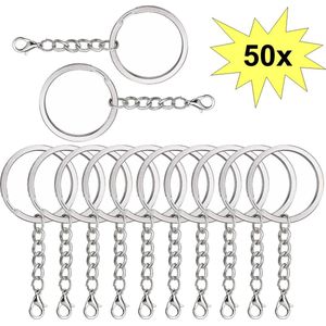 Fako Bijoux® - Sleutelringen Met Karabijnsluiting - Sleutelhanger Ringen - Splitringen Met Ketting - RVS - Plat - 25 mm - 50 Stuks