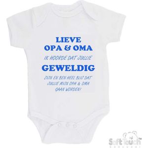 100% katoenen Romper ""Lieve opa & oma ik hoorde dat jullie geweldig zijn en ben heel blij dat jullie mijn opa & oma gaan worden!"" Jongens Katoen Wit/blauw Maat 56/62