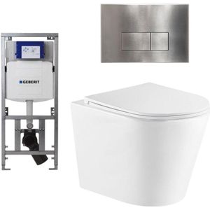 QeramiQ Dely Toiletset - 36.3x51.7cm - diepspoel - rimless - Geberit UP320 Burda inbouwreservoir - softclose toiletzitting - steel bedieningsplaat - rechtehoekige knoppen - wit glans