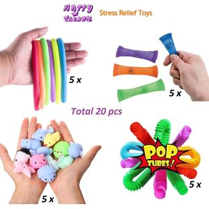 Happy Trendz® Squishy Mochie Mesh Marble Pop Tubes Monkey Noodles  | MIX 20 STUKS ASSORTI TOPPERS | Leuk| Anti stress | Kneedbaar - mochies squishies - Schoencadeau - Verjaardag - 2021 - 2022