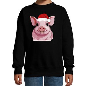Bellatio Decorations Kersttrui / sweater boerderijdieren - kinderen - Varken - zwart - kerstmuts - Kerstmis 98/104