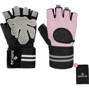 Supplife Sport & Fitness Handschoenen Heren & Dames - Krachttraining Artikelen - Grip handschoenen - Gym & CrossFit Training - Gloves - Roze & Grijs - Maat L