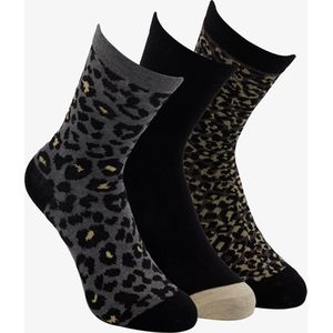 3 paar dames sokken met luipaardprint - Zwart - Maat 35/38