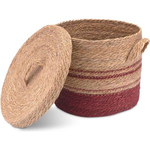 Seegras mand met deksel - wasmand decoratieve mand - opbergmand in boho stijl - maat M rieten mand