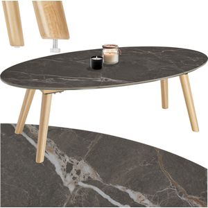 tectake® Salontafel | Woonkamertafel, Ovale Salontafel met Houten Poten | Marmerlook | Weerbestendige Bijzettafel voor Woonkamer, Terras, Tuin of Balkon - naturel