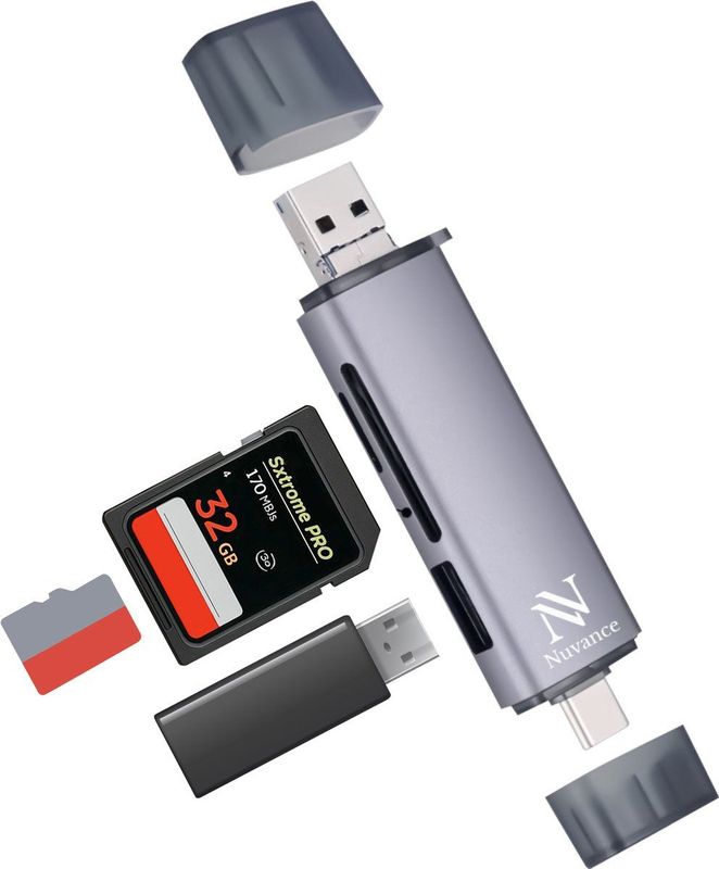 Nuvance SD Kaart Lezer - USB C - Micro USB - USB 3.0 - Geschikt voor Smartphones & Computers