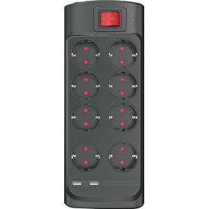 Monster - Stekkerdoos met Overspanningsbeveiliging - 8-voudig + 2 USB met Schakelaar - 1.8m - Zwart