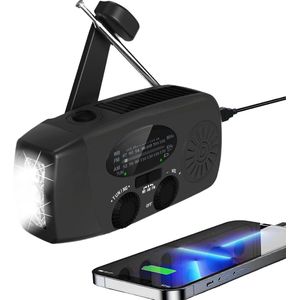 Noodradio Opwindbaar en Batterij - 2000 mAH - NOAA Noodradio - Noodradio Solar Opwindbaar - Powerbank - Zonne-energie - AM/FM-Radio met SOS-alarm - Zwart
