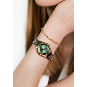 ZINZI Classy Mini horloge 30mm groene wijzerplaat goudkleurige stalen kast en bicolor band ziw1235
