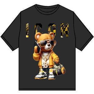 Kinder T-shirt “ICON Bear” – Zwart – Full Color Print – Maat 98/104 – 95% Katoen – Streetwear Look - Beer - Gold - Money Stoer