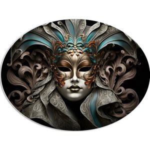 PVC Schuimplaat Ovaal - Wit Venetiaanse carnavals Masker met Blauwe en Gouden Details tegen Zwarte Achtergrond - 80x60 cm Foto op Ovaal (Met Ophangsysteem)