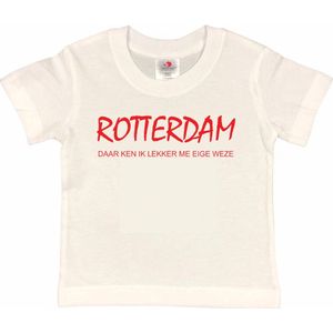 Rotterdam Kinder t-shirt | Rotterdam daar ken ik lekker me eige weze | Verjaardagkado | verjaardag kado | grappig | jarig | Rotterdam | Feyenoord | cadeau | Cadeau | Wit/rood | Maat 86/92