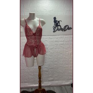 Sexy Lingerieset Dames – Kanten Babydoll met Open Slip - Peach