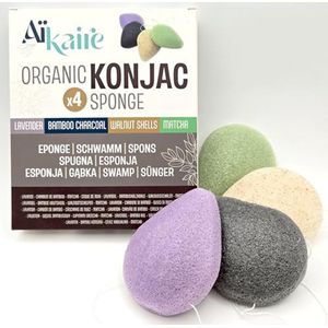 Natuurlijke Gezichtsponzen Set met Groene Thee, Kolen, Lavendel en Notenschalen | 4-Druppelvormige Sponzen voor Zachte Reiniging