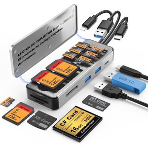 8in1 SD-kaartlezer en multi-geheugenkaart adapter met USB 3.0 poorten voor telefoon, tablet, pc en laptop
