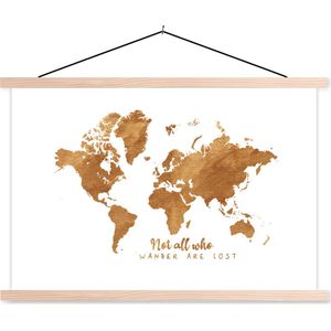Wanddecoratie - Wereldkaart - Brons - Touw - Schoolplaat - 90x60 cm - Textielposter - Textiel poster