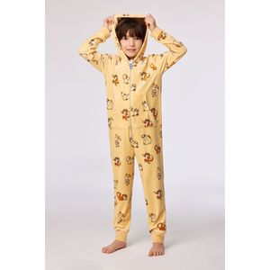 Woody onesie velours unisex - geel - kat all-over print - 252-10-ONE-V/920 - maat 176