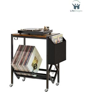 LifeStages - Platenspeler Meubel - Stand Platenspeler Rek Met Wielen LP - Opbergrek Bijzettafel - 2-tier Platenspeler Stand - Met Plaat Plank Kan Meer Dan 80 Platen Voor Woonkamer Slaapkamer