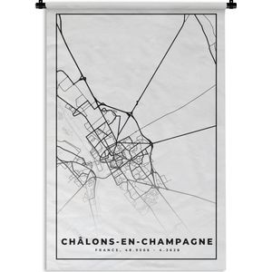 Wandkleed - Wanddoek - Stadskaart – Châlons-en-Champagne - Plattegrond – Kaart – Frankrijk - Zwart wit - 120x180 cm - Wandtapijt