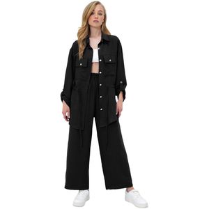 Trend Alaçatı Stili Zwart Safari-Jack Voor Dames Met Twee Zakken En Elastische Taille Wijde Pijpen Aerobin-Broekpak Ymx8448