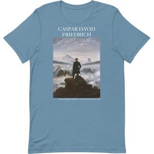 Caspar David Friedrich 'De Wandelaar boven de Nevelzee' (""Wanderer Above the Sea of Fog"") Beroemd Schilderij T-Shirt | Unisex Klassiek Kunst T-shirt | Steel Blue | XL